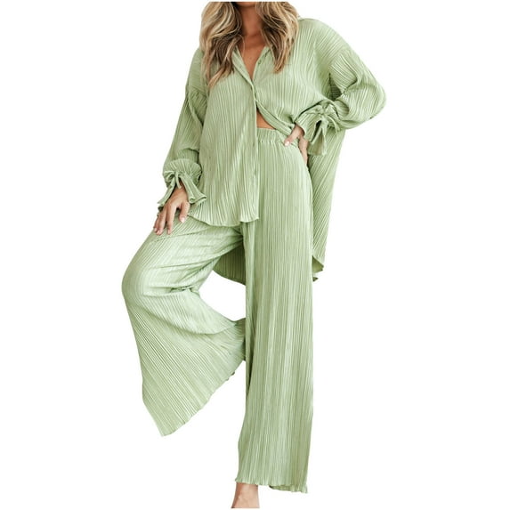 Babysbule Lounge Sets for Women Women's Stylish Long Sleeve Solid Blouse Lapel-Neck Set Tracksuit Homewear