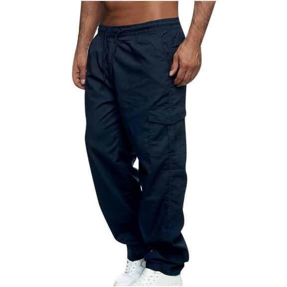 Babysbule Mens Pants Men Solid Casual Multiple Pockets Tether Closure Outdoor Straight Type Fitness Pants Cargo Pants Trousers
