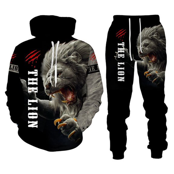 Babysbule Mens Pants Men Turtleneck Animal Print Casual Full-Sleeve Hooded Pocket Sweatshirts Pants Suit