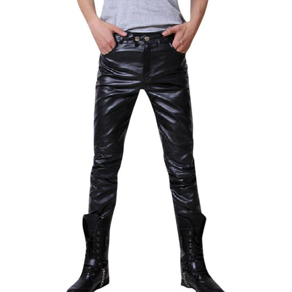 Babysbule Mens Pants Men's Fashion Autumn Winter Moto Biker Slim Fit Leather Long Pants