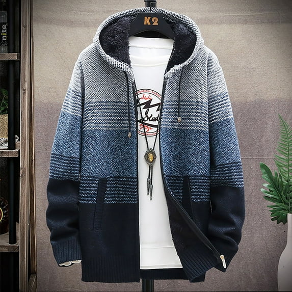 Babysbule Mens Winter Coats Fleece Thick Stripe Color Matching Hooded Sweater Coat Gradient Casual Men's