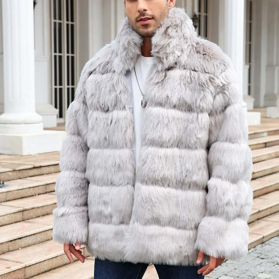 Babysbule Mens Winter Coats Mens Warm Faux Furry Long Coat Jacket Winter Solid V-neck Outerwear