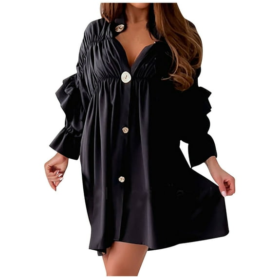 Babysbule Dresses for Women Women's Fashion Bohemian V-neck Loose Long Sleeve Ruffles Solid Mini Dress