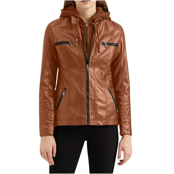 Babysbule New Winter Coats for Women Women's Solid Color Long Sleeved Leather Jacket Zippered Jacket Pocket Women's Spring Short Jacket