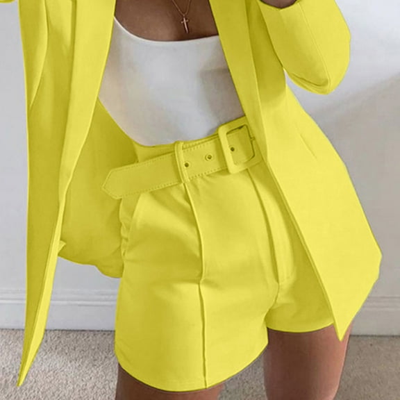 Babysbule Womens Solid Suit Shorts Summer High Waist With Belt Buttoned Elastic Waist Work Pants With Pockets