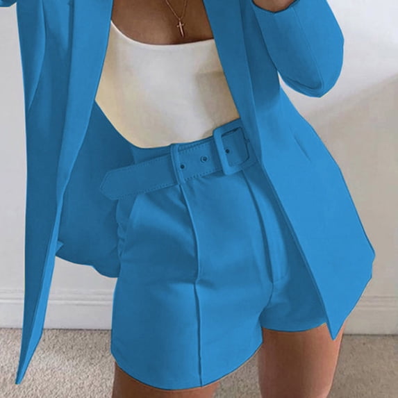 Babysbule Womens Solid Suit Shorts Summer High Waist With Belt Buttoned Elastic Waist Work Pants With Pockets