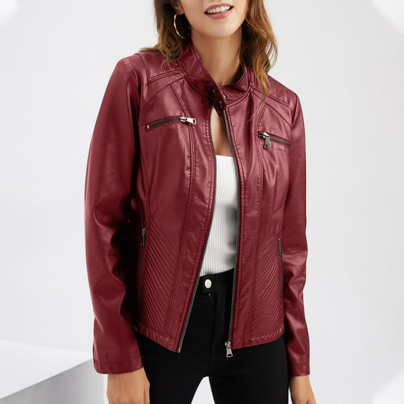 Babysbule New Womens Winter Coats Women's Casual Leather Jacket With Standing Collar Slim Fitting Jacket Solid Color For Women