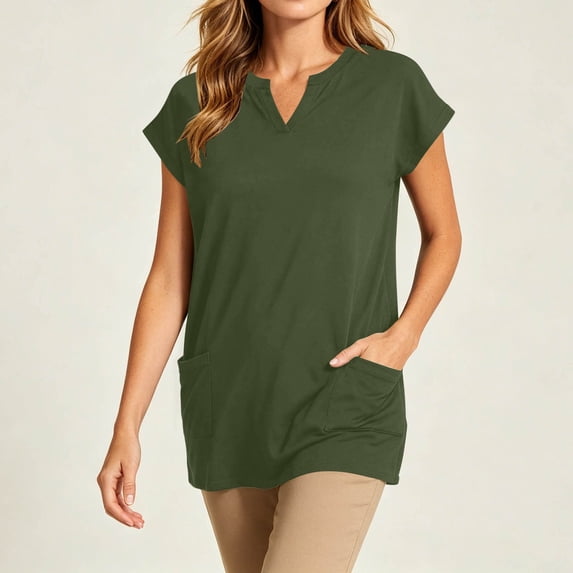 Babysbule Notch Neck Longline Tunic with Side Pockets Short Sleeve Blouse Women's Casual Loose Fit Everyday Top