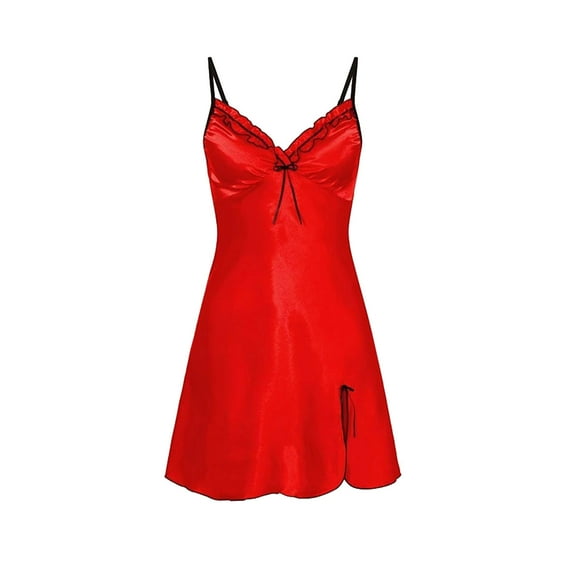 Babysbule Pajamas For Women Plus Size Fire Outfit Ladies Nightgown V-neck Big Open back Hem Satin Nightgown