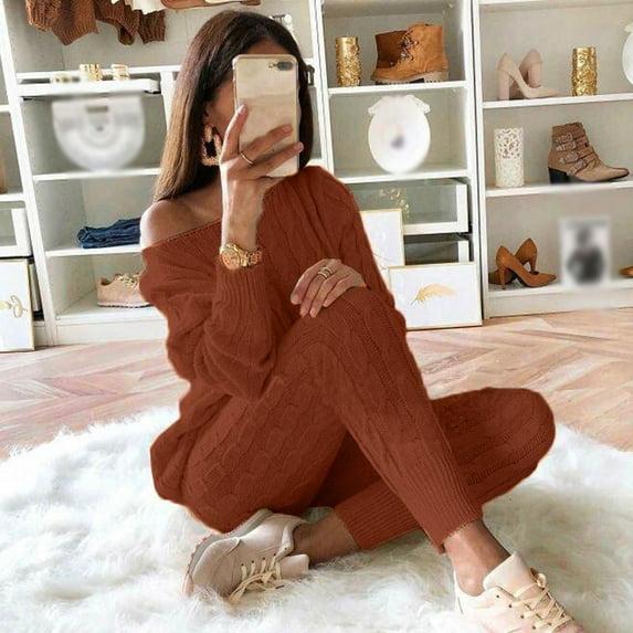 Babysbule Pants For Womens Solid Color Off Shoulder Long Sleeve Cable Knitted Warm Two-Piece Long Pants Sweater Suit Set