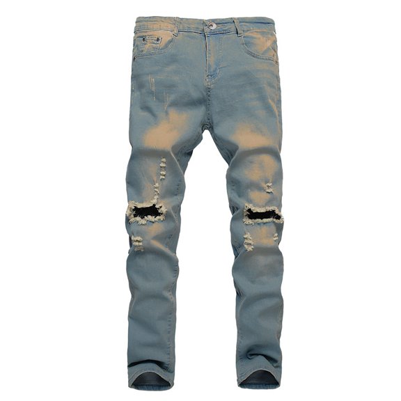 Babysbule Pants for Men Men's Tight-fitting Ripped Straight Hip-hop Stretch Motorcycle Denim Trouser Trousers