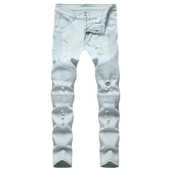 YUNAFFT Pants for Men Clearance Men's New Tight-fitting Ripped Straight Hip-hop Stretch Motorcycle Denim Trouser Trousers