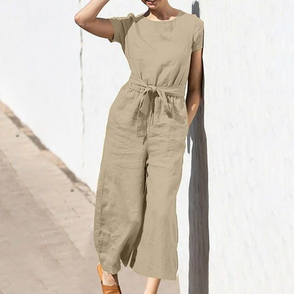 Babysbule Pants for Women Jumpsuits For Women Short Sleeve Pocket Solid Color Loose Straight Pants Fashion Romper Pants With Pocket