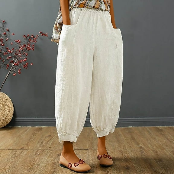 Babysbule Pants for Women Ladies Loose Solid Casual Summer Elastic High Waist Linen Pant Pockets Trouser