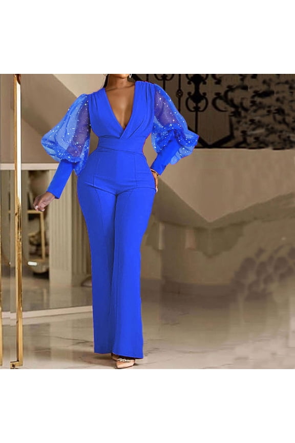 Pants for Women Party Fashion Womens Winter Solid Sequins Patchwork Long Sleeve V-Neck Jumpsuits