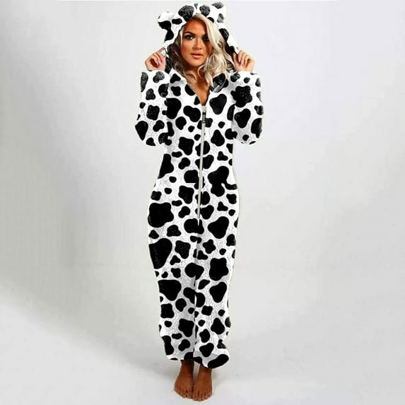 Babysbule Pants for Women Unisex Adult Leopard Onesie Hooded Pajamas Zipper Up Long Sleeve Plush Jumpsuit Sleepwear
