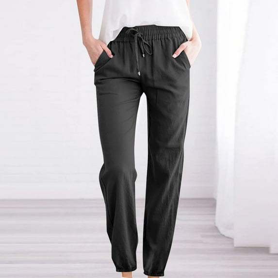 Babysbule Pants for Women Woman Solid Color Cotton And Linen Drawstring Elastic Waist Long Straight Pants
