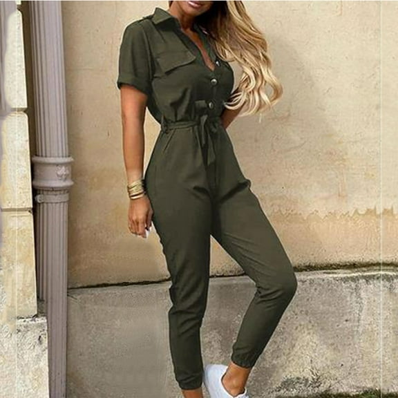 Babysbule Pants for Women Women Fashion Solid Color Casual Lapel Belt Short Sleeve Overalls