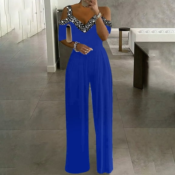 Babysbule Pants for Women Women Print Jumpsuit Pajamas Casual Short Sleeve Wide Leg Pants