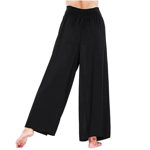 Babysbule Pants for Women Women's Solid Cotton Linen Loose Wide Leg Pants Solid Elastic Waist Split Pants
