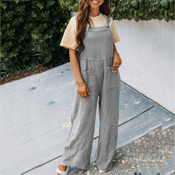Babysbule Pants for Women Women's Summer Women's Casual Solid Color Pocket Square Collar Loose Suspenders Jumpsuit