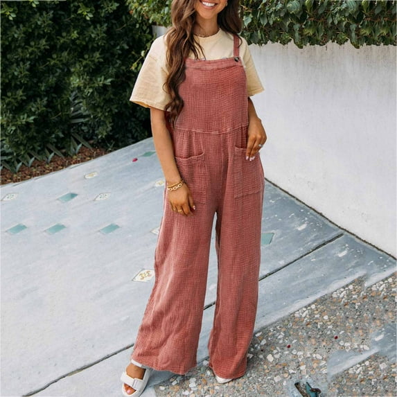 Babysbule Pants for Women Women's Summer Women's Casual Solid Color Pocket Square Collar Loose Suspenders Jumpsuit