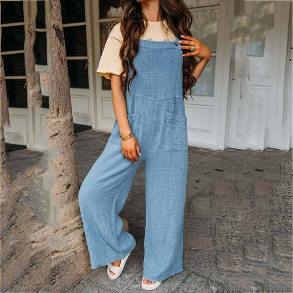 Babysbule Pants for Women Women's Summer New Women's Casual Solid Color Pocket Square Collar Loose Suspenders Jumpsuit