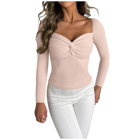 Babysbule Plus Size Womens Sweaters New Arrivals Fashion Woman Casual Long Sleeve V-Neck Sweatshirt Solid Knit Blouse Tops Clearance Women's Fashion