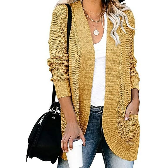 Babysbule Plus Size Womens Sweaters New Arrivals And Winter Women's Casual Solid Long Cardigan Outwear Casual Tops Jacket Sweaters With Pocket Women's Fashion