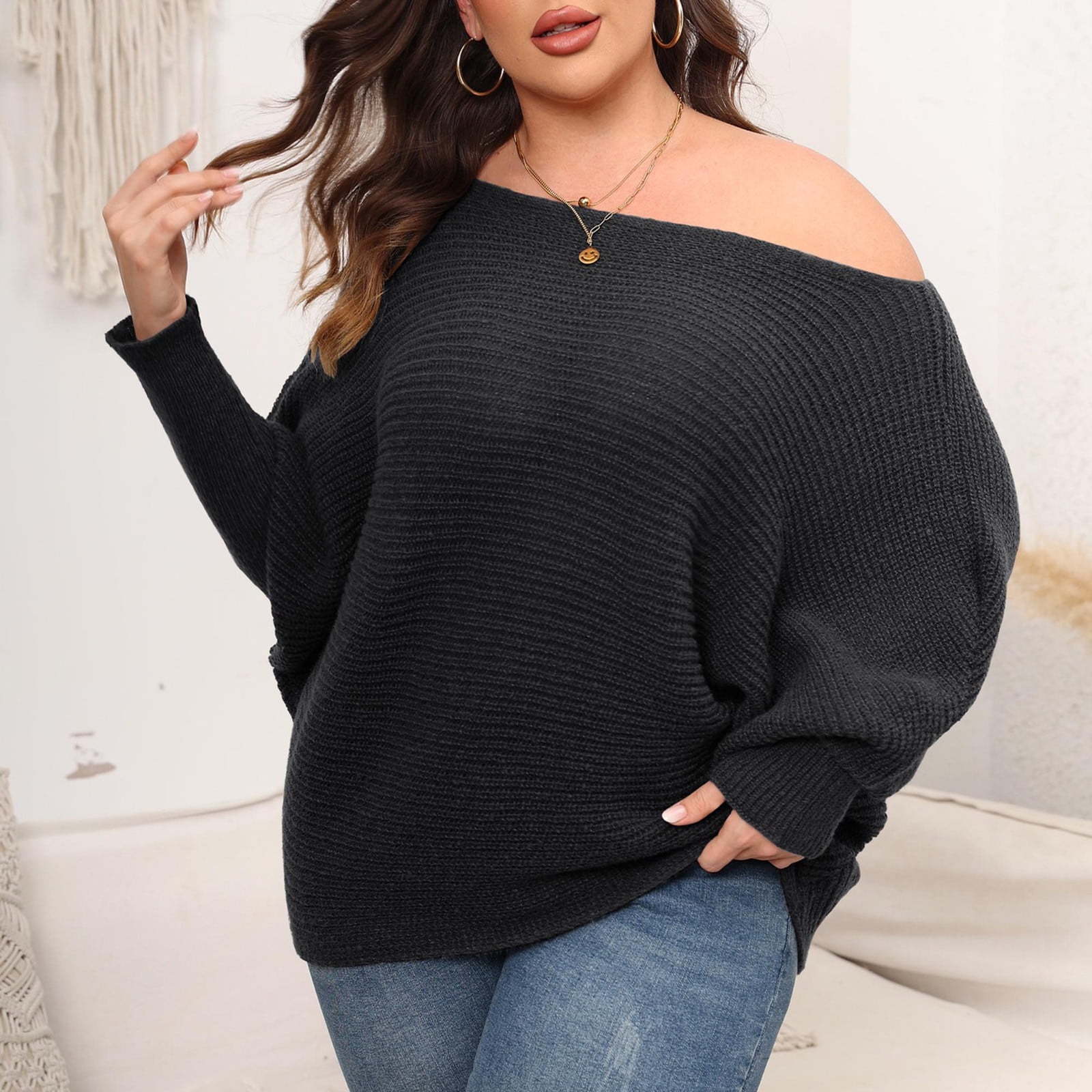 Babysbule Plus Size Womens Sweaters Women Large Solid Round Neck ...