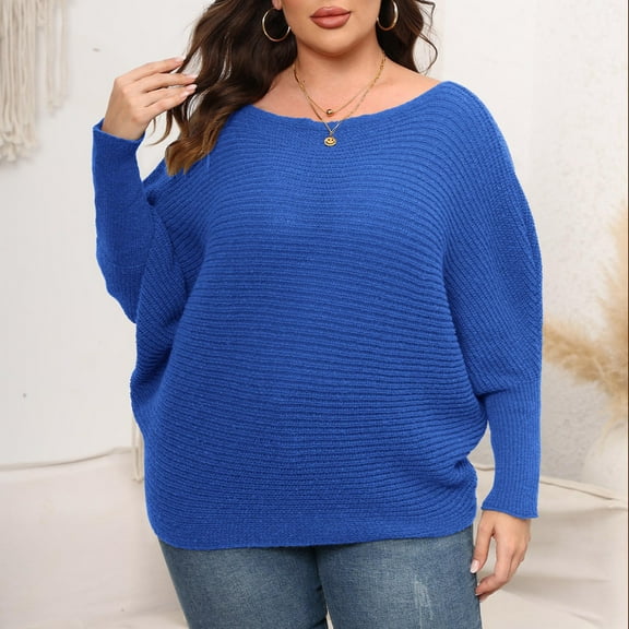 Babysbule Plus Size Womens Sweaters Women Large Solid Round Neck Sweater Off Shoulder Loose Fashion Knit Women's Fashion