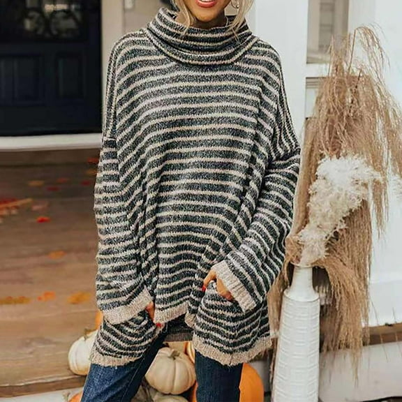 Babysbule Plus Size Womens Sweaters Women Winter Casual Solid Color Turtleneck Long Sleeve Knitting Loose Sweater Top Women's Fashion