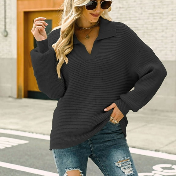 Babysbule Plus Size Womens Sweaters Women's Casual Fashion Long-Sleeved Color Turn-down Sweater Loose Pullover Lapel Sweater Women's Fashion