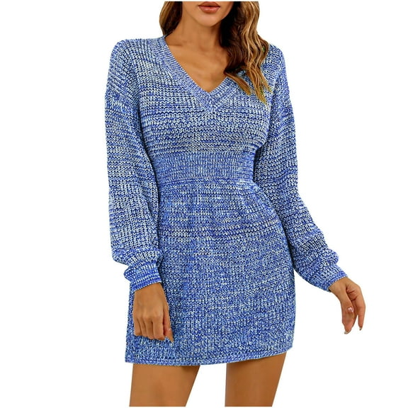 Babysbule Plus Size Womens Sweaters Women's Casual V-neck Colorful Lantern Sleeve Waist Wrap Buttocks Dress Women's Fashion