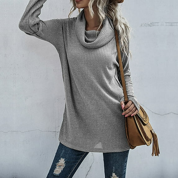 Babysbule Plus Size Womens Sweaters New Arrivals Women's Turtleneck Solid Color Sweater Long-sleeve Patchwork Slit Knitted Sweater Women's Fashion
