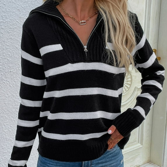 Babysbule Plus Size Womens Sweaters Women's V-Neck Loose Zipper Hedging Casual Stripe Knitting Sweater Tops Women's Fashion