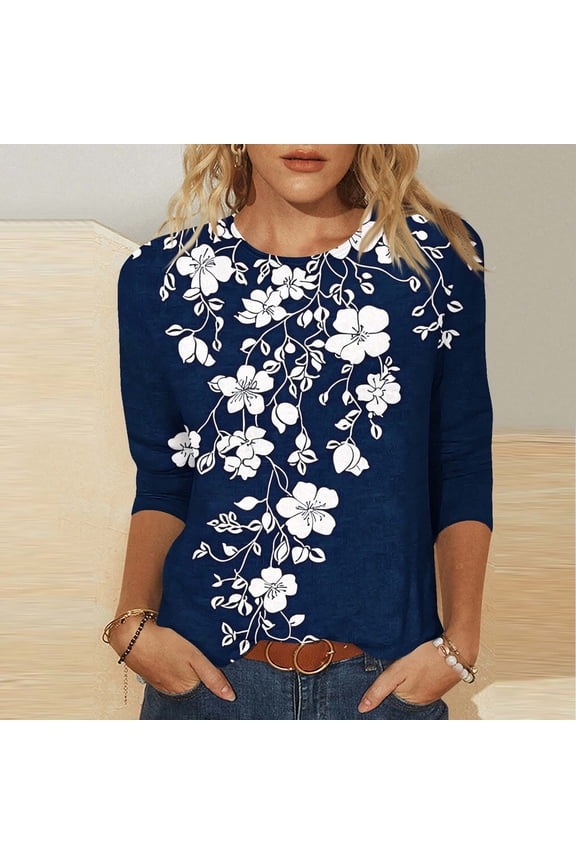 Printed Loose 3/4 Sleeves Round Neck Casual Blouses & Tops Women's