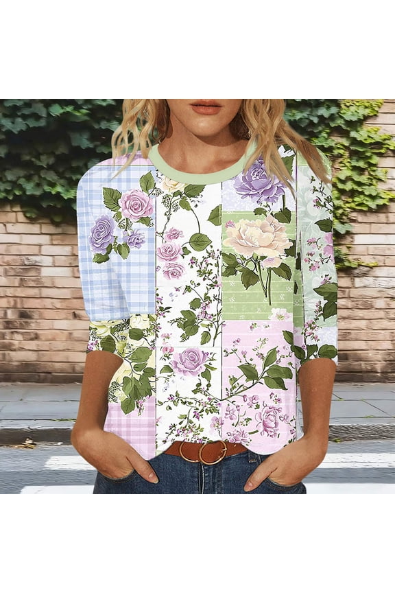 Printed Loose 3/4 Sleeves Round Neck Casual Blouses & Tops Women's