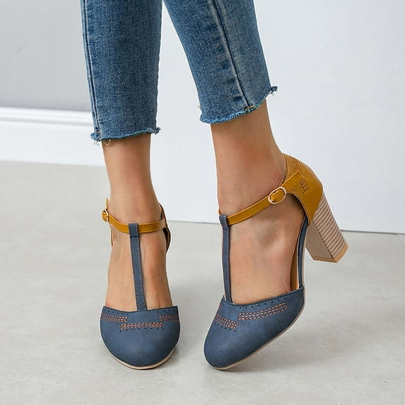 Babysbule Sandals for Women Hollow Buckle Thick High Heel Women's Single Shoes Color Matching Pump Women's Sandals