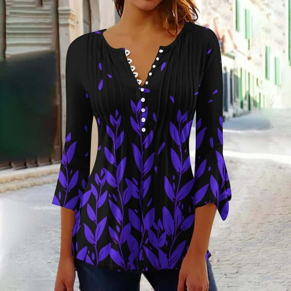 Babysbule Shirts for Women 3/4 Pleated Tunic Tops Trendy Dressy Casual Summer V Neck Collared Button Tops