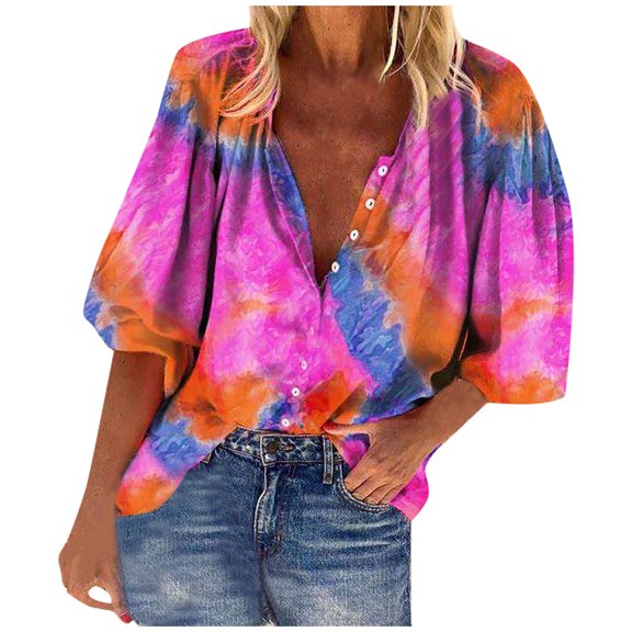 Babysbule Shirts for Women Fashion Women's Loose Tie-dye Print V-Neck Long Sleeve Buttons Shirt Blouse Tops
