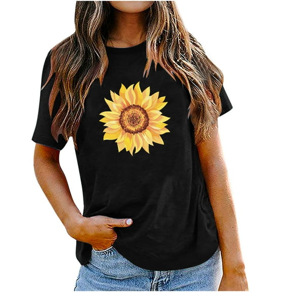 Babysbule Shirts for Women Women's Fashion Round Neck Short Sleeve Easter Sunflower Print Tops