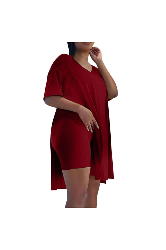 Shirts for Women Women Casual Plus Size 2 Piece Outfits Short Sleeve Loose Tops Skinny V-Neck Biker Shorts Sets Tracksuits