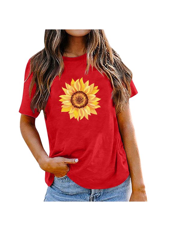 Shirts for Women Women's Fashion Round Neck Short Sleeve Easter Sunflower Print Tops