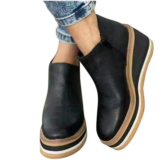 Babysbule Short Boots for Women Large Size Four Seasons Side Zipper Casual Leather Plastic Thick Sole Slope Heels Women's Shoes