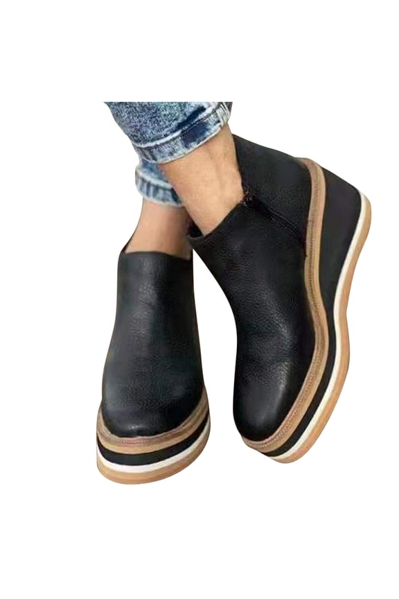 Short Boots for Women Large Size Four Seasons Side Zipper Casual Leather Plastic Thick Sole Slope Heels Women's Shoes
