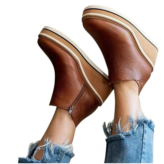 Babysbule Short Boots for Women Large Size Four Seasons Side Zipper Casual Leather Plastic Thick Sole Slope Heels Women's Shoes