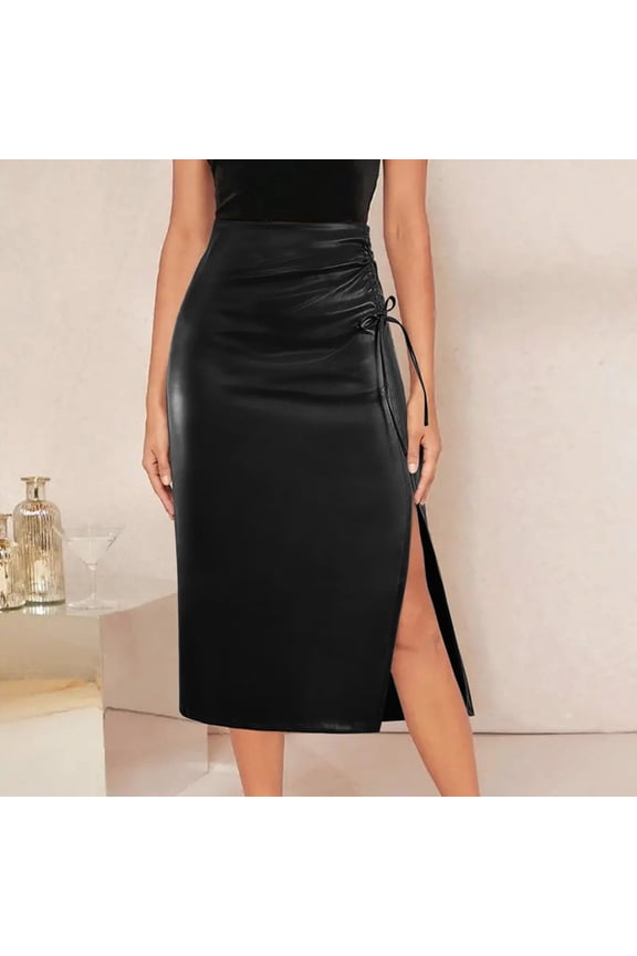 Split Skirt for Women Plus Size Women's Classic Solid High Waist Leather A-Line Midi Pencil Skirt