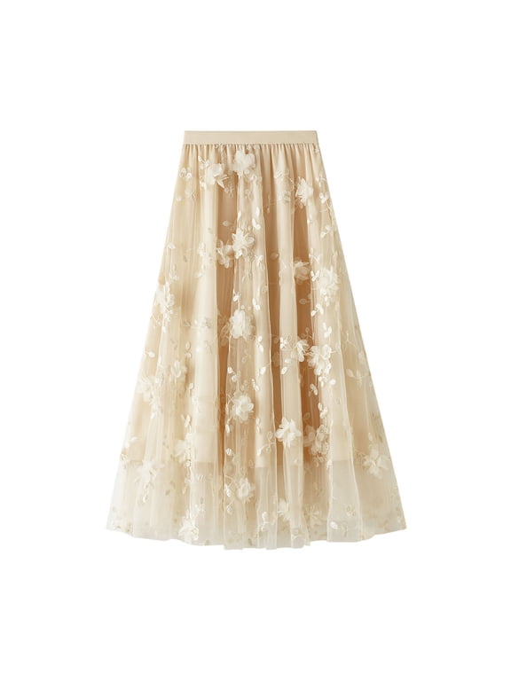 Skirt for Women Plus Size Women's Long Tulle Tutu Skirt 3D Flower Embroidery Solid Color High Waist Mesh Midi Swing Skirt