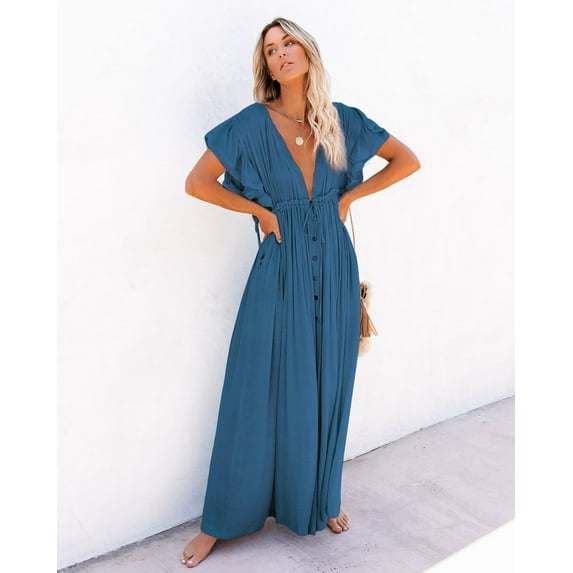 Babysbule Skirt for Women Plus Size Women's Summer Beach Blouse Button Drawstring Long Skirt Sun Protection Shirt